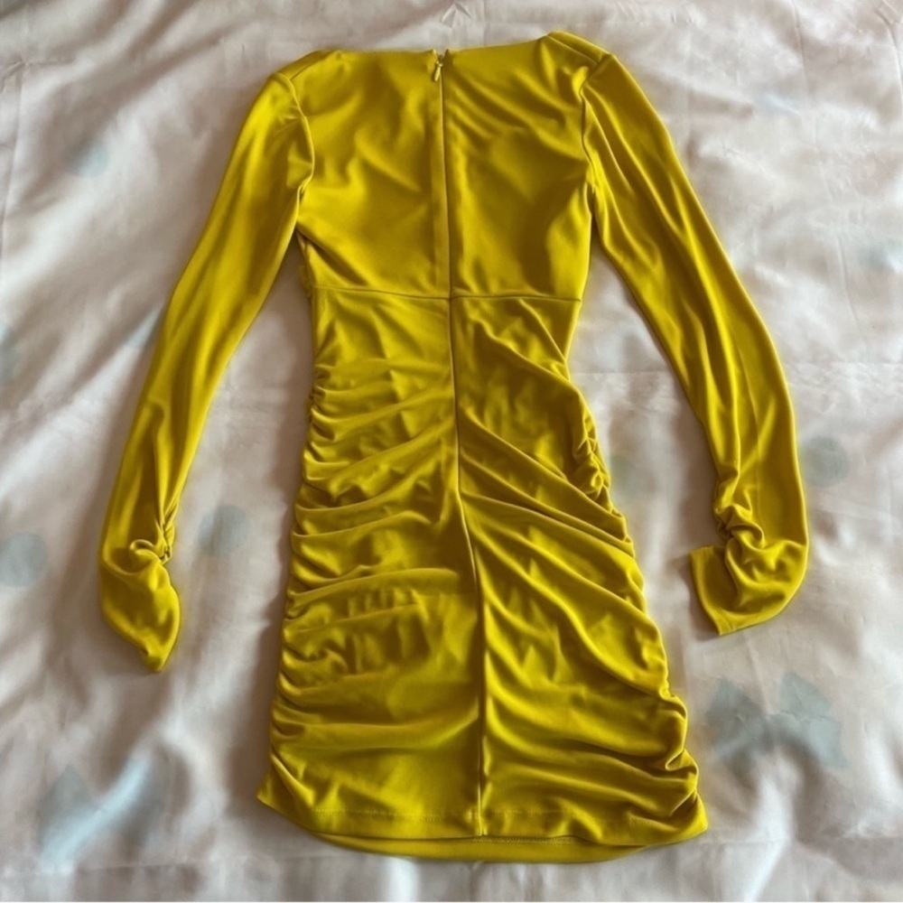 NEW! Cinq A Sept- Yellow Long Sleeve Ruched V Neck Miah Mini Dress NWOT - Picture 7 of 10